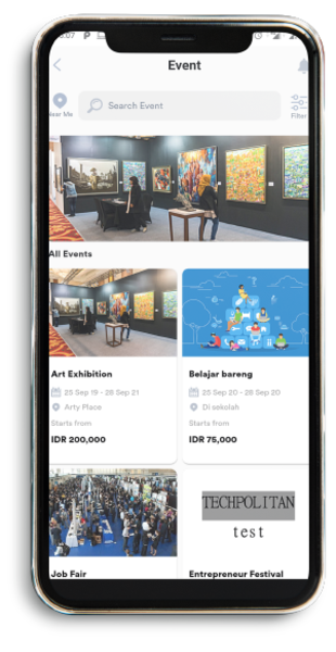 This page displays all events occurred at the moment such as the art exhibition or study collaboration held at a certain location along with the price and availability.